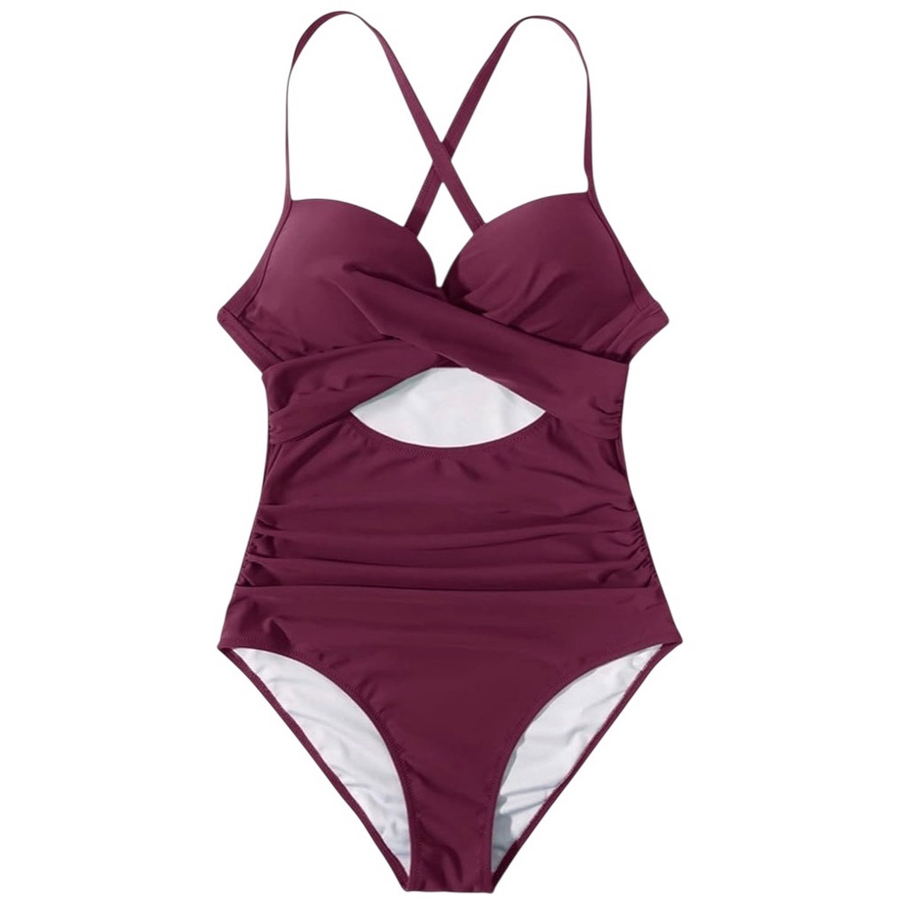 Suuksess Slimming Retro Cut out One Piece Swimsuit in Wine - Picture 13 of 13